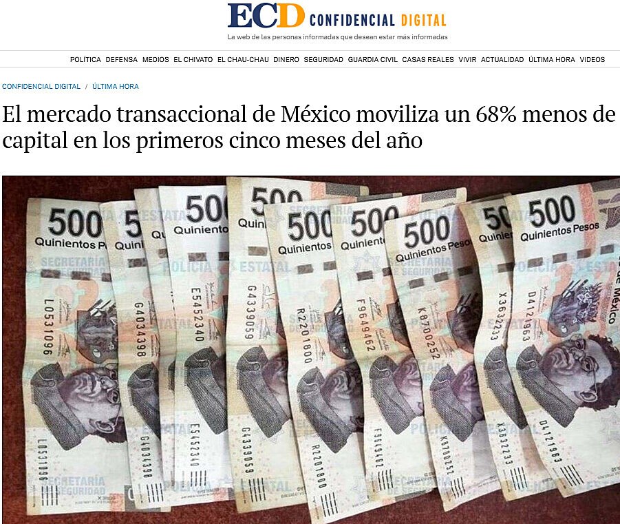 El mercado transaccional de Mxico moviliza un 68% menos de capital en los primeros cinco meses del ao